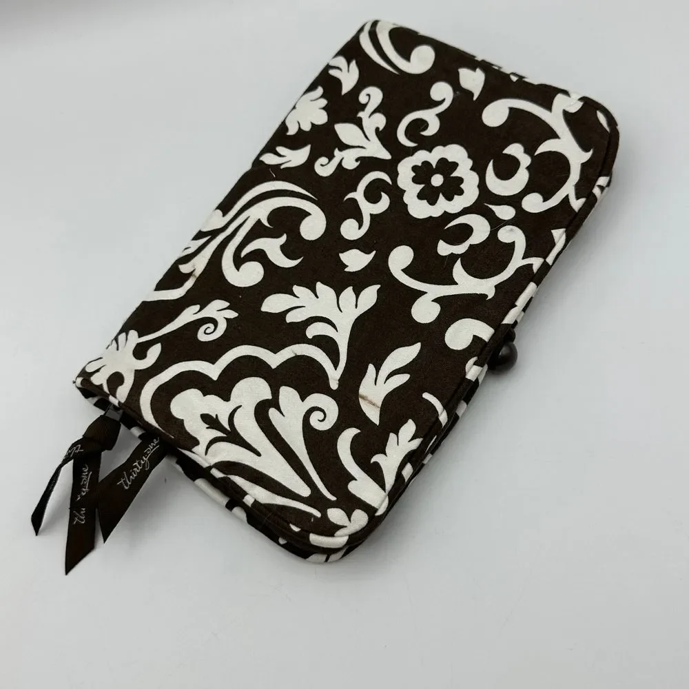 Thirty One Damask Print Double Zip Travel Organizer Wallet Brown‎ White Floral
